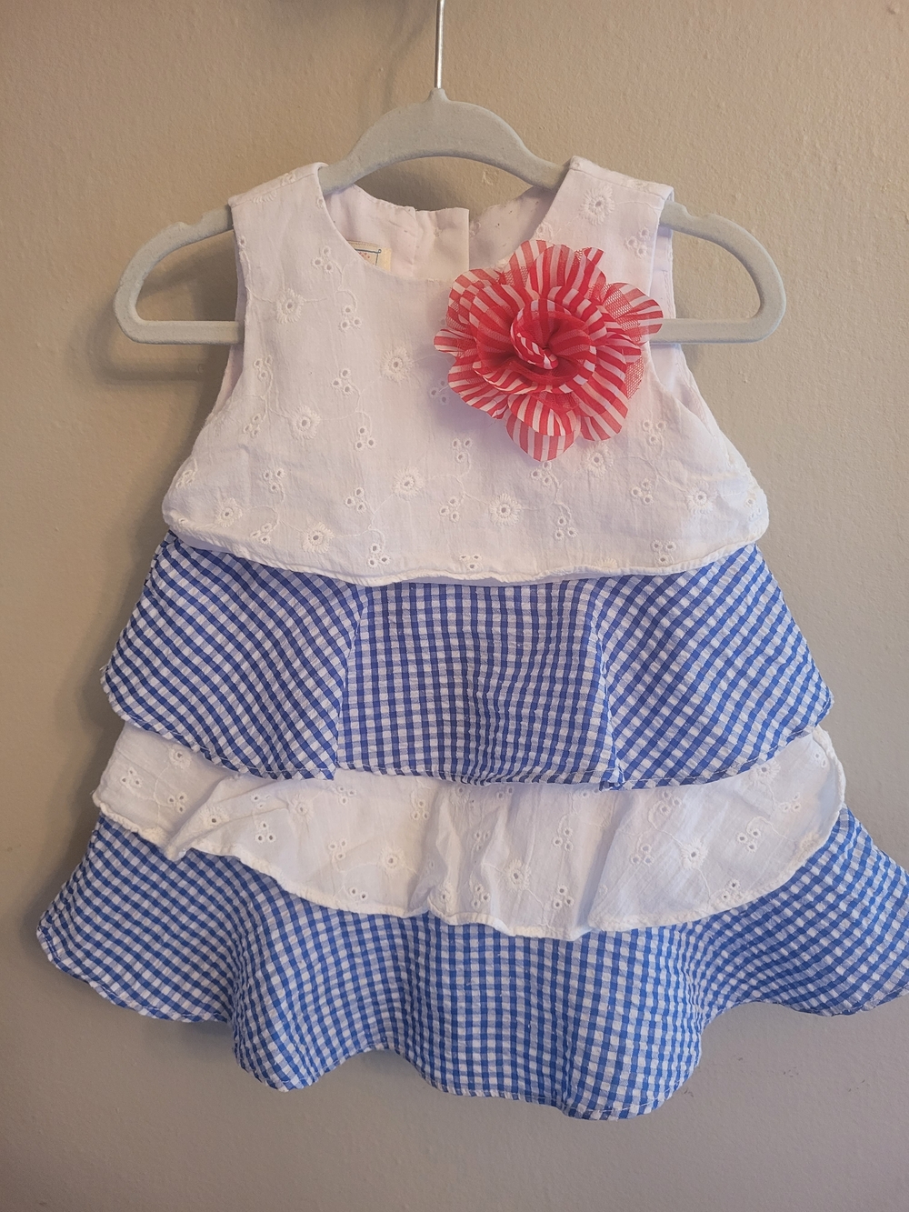 Marmellata White Eyelet & Blue Gingham Tiered Dress with Red Flower 6-9 Months